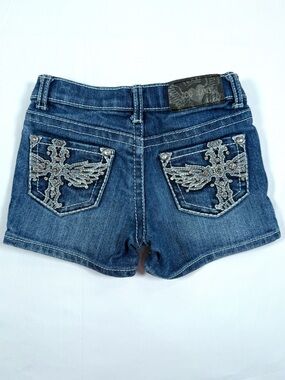 ZCO JEANS Girls Denim Shorts 4 Rhinestone Cross Y2K McBling Western Cowgirl Glam